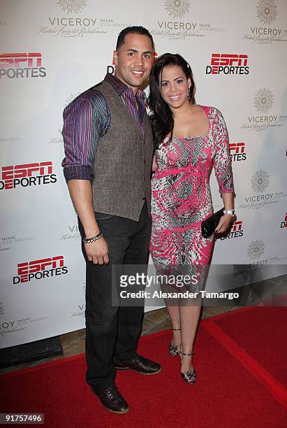 Carlos Beltran and Jessica Beltran arrive at the ESPN Deportes and Viceroy Miami Party to welcome the Latino owners of the Miami Dolphins event at...