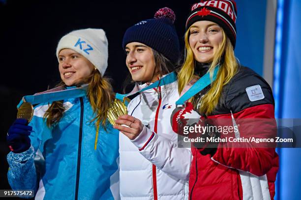 Yulia Galysheva of Kazakhstan wins the bronze medal, Perrine Laffont of France wins the gold medal, Justine Dufour-lapointe of Canada wins the silver...