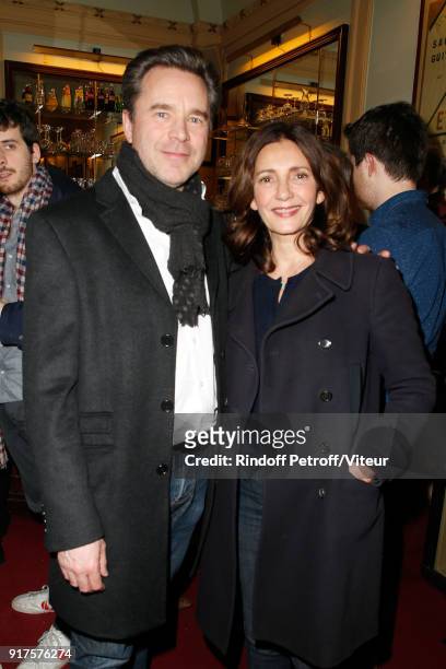 Actor Guillaume de Tonquedec and Actress Valerie Karsenti attend "Quelque Part dans cette Vie" Generale at Theatre Edouard VII on February 12, 2018...