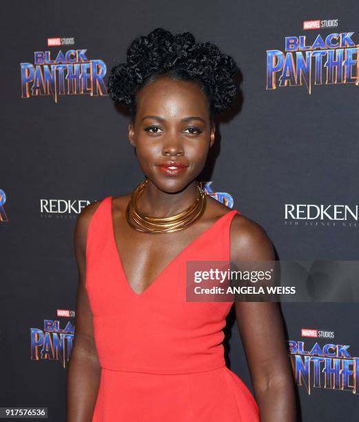 Actress Lupita Nyong'o arrives for the MARVEL Black Panther fashion week celebration "Welcome to Wakanda" at Industria on February 12 in New York. /...