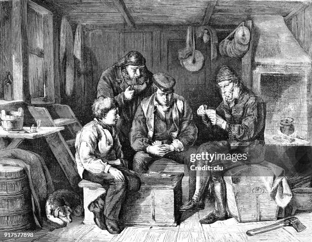 three men playing cards inside a ship - boy crawling stock illustrations