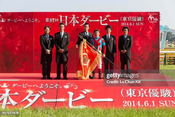 Member of Tokio and Jockey Norihiro Yokoyama, at the presentation ceremony after One and Only winning the Tokyo Yushun at Tokyo Racecourse on June 1,...