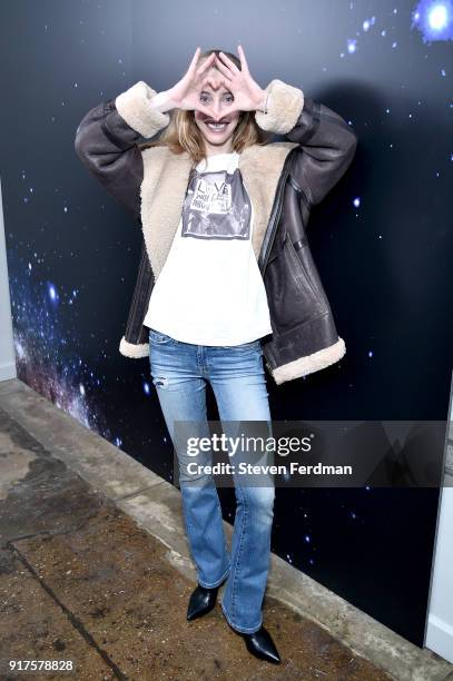 Guest poses backstage for the Zadig & Voltaire fashion show during New York Fashion Week at Cedar Lake Studios on February 12, 2018 in New York City.