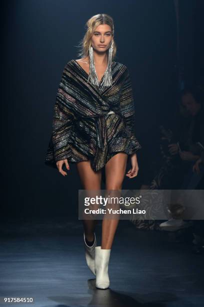 Hailey Baldwin walks the runway for Zadig & Voltaire show during New York Fashion Week at Cedar Lake Studios on February 12, 2018 in New York City.