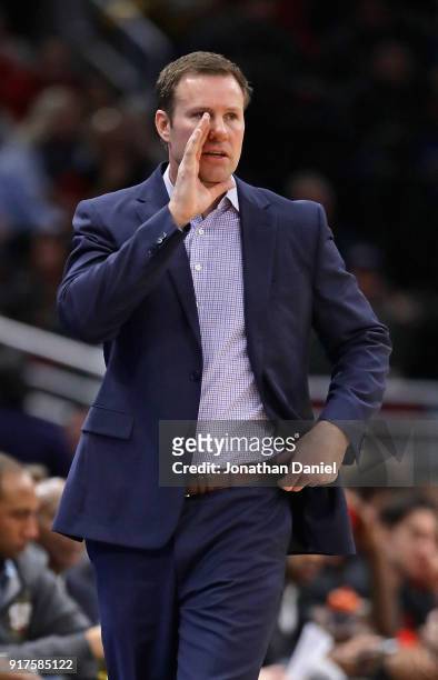 Head coach Fred Hoiberg of the Chicago Bulls gives instructions to his team during a game against the Orlando Magic at the United Center on February...