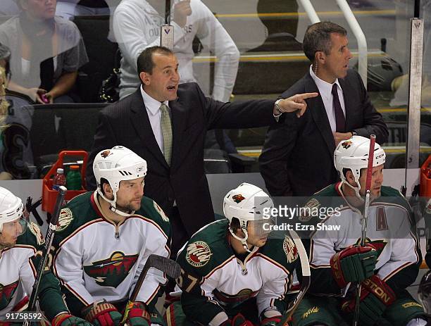 Head Coach Todd Richards of the Minnesota Wild shots to his team during their game against the San Jose Sharks at HP Pavilion on October 10, 2009 in...