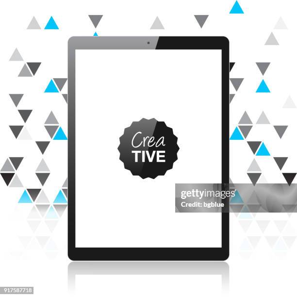 tablet pc isolated on abstract geometric background - tablet pc template - tablet blank screen stock illustrations