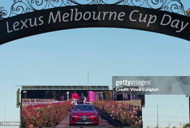 Francesca Cumani is seen riding alongside Kate Waterhouse driving the Lexus LC 500 during the VRC Melbourne Cup Sponsorship Announcement at...