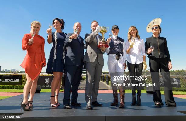 Emma Freedman, Megan Gale, Neil Perry, Scott Thompson Francesca Cumani, Kate Waterhouse and Amanda Elliott VRC Chairman pose during the VRC Melbourne...