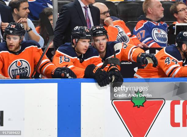 Ryan Strome and Connor McDavid of the Edmonton Oilers discuss the play during the game against the Florida Panthers on February 12, 2018 at Rogers...