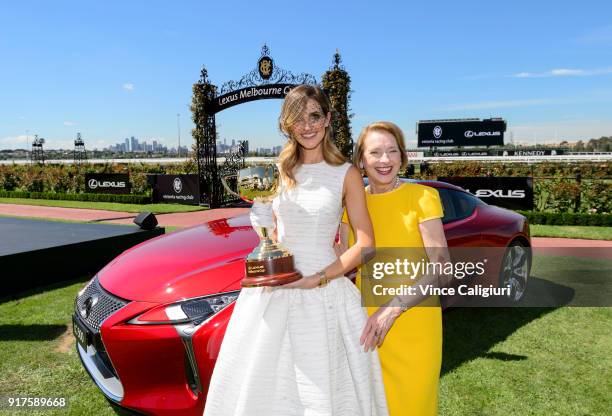 Kate Waterhouse and mother Gai Waterhouse pose with the 2018 Cup during the VRC Melbourne Cup Sponsorship Announcement at Flemington Racecourse on...