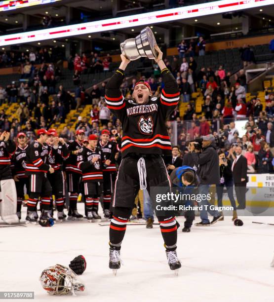 Adam Gaudette of the Northeastern Huskies celebrates after a game against the Boston University Terriers during NCAA hockey in the championship game...