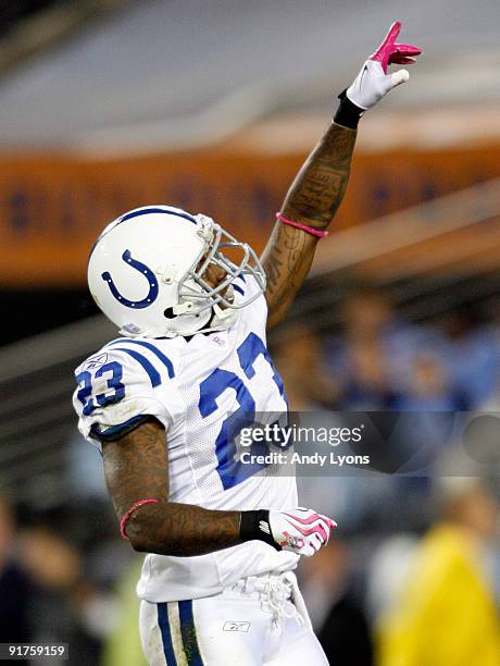 Tim Jennings of the Indianapolis Colts celebrates a defensive stop during the NFL game against the Tennessee Titans at LP Field on October 11, 2009...