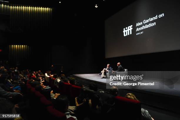 Director and writer Alex Garland and TIFF artistic director Cameron Bailey attend the TIFF special screening of 'Annihilaton' held at TIFF Bell...