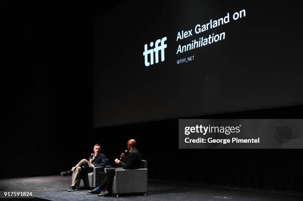 Director and writer Alex Garland and TIFF artistic director Cameron Bailey attend the TIFF special screening of 'Annihilaton' held at TIFF Bell...