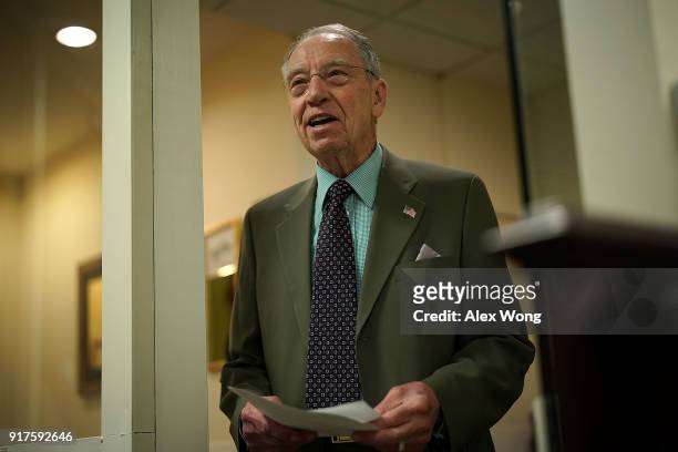 Sen. Chuck Grassley waits for the beginning of a news conference on immigration February 12, 2018 at the Capitol in Washington, DC. Senate Republican...