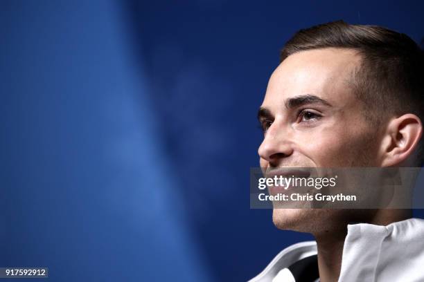 United States Figure Skater Adam Rippon speaks during a press conference at the Main Press Centre on February 13, 2018 in Pyeongchang-gun, South...