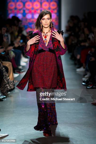 Bella Hadid walks the runway during the Anna Sui fashion show during New York Fashion Week at Gallery I at Spring Studios on February 12, 2018 in New...