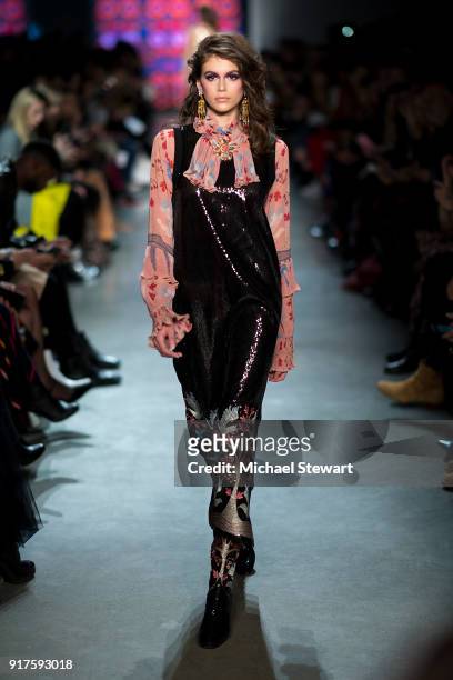 Kaia Gerber walks the runway during the Anna Sui fashion show during New York Fashion Week at Gallery I at Spring Studios on February 12, 2018 in New...