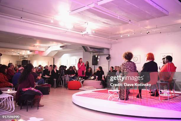 Eve Ensler, Agnes Pareyio, Rada Boric and Christine Deschryver Schuler appear onstage during V20: My Revolution Lives In This Body activist evening,...