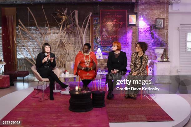 Eve Ensler, Agnes Pareyio, Rada Boric and Christine Deschryver Schuler appear onstage during V20: My Revolution Lives In This Body activist evening,...