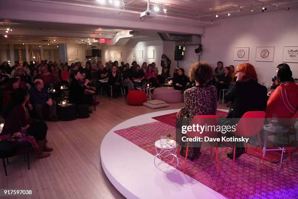 Eve Ensler, Agnes Pareyio, Rada Boric and Christine Deschryver Schuler appear onstage during V20: My Revolution Lives In This Body activist evening,...