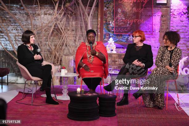 Eve Ensler, Agnes Pareyio, Rada Boric and Christine Deschryver Schuler appear onstage during V20: My Revolution Lives In This Body activist evening,...