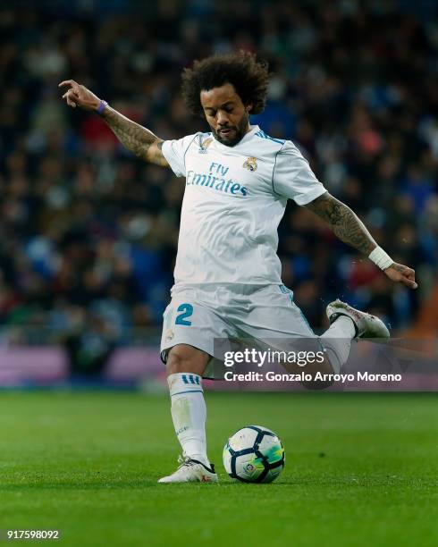 Marcelo of Real Madrid CF controls the ball during the La Liga match between Real Madrid CF and Real Sociedad de Futbol at Estadio Santiago Bernabeu...