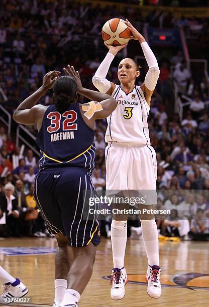 Diana Taurasi of the Phoenix Mercury puts up a shot over Ebony Hoffman of the Indiana Fever in Game Five of the 2009 WNBA Finals at US Airways Center...