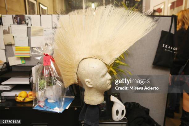 View of wigs backstage during the Kaimin fashion show at the Glass Houses on February 12, 2018 in New York City.