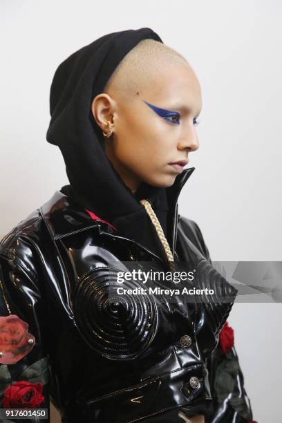 Model poses backstage during the Kaimin fashion show at the Glass Houses on February 12, 2018 in New York City.