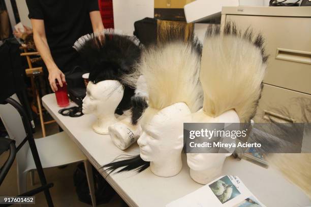 View of wigs backstage during the Kaimin fashion show at the Glass Houses on February 12, 2018 in New York City.