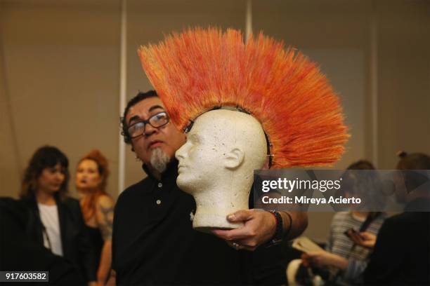 View of wigs backstage during the Kaimin fashion show at the Glass Houses on February 12, 2018 in New York City.