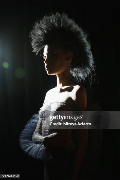 Model poses backstage during the Kaimin fashion show at the Glass Houses on February 12, 2018 in New York City.