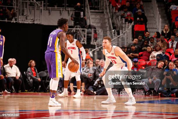 Blake Griffin of the Detroit Pistons guards against the New Orleans Pelicans on February 12, 2018 at Little Caesars Arena in Detroit, Michigan. NOTE...