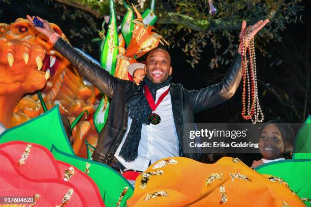 Musician Troy "Trombone Shorty" Andrews rides in the 2018 Krewe of Orpheus Parade, the krewe's 25th anniversary, on February 12, 2018 in New Orleans,...