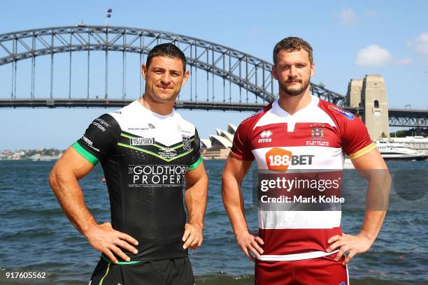 Mark Minichiello of Hull FC and Sean O'Loughlin of the Wigan Warriors pose during a rugby league international double header media opportunity at...