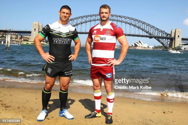 Mark Minichiello of Hull FC and Sean O'Loughlin of the Wigan Warriors pose during a rugby league international double header media opportunity at...