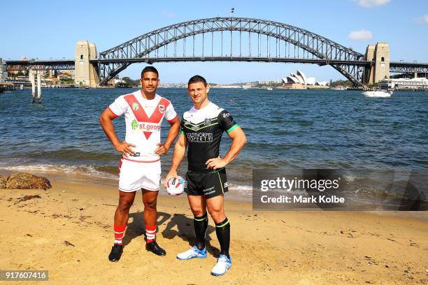 Nene McDonald of the St George Illawarra Dragons and Mark Minichiello of Hull FC pose during a rugby league international double header media...