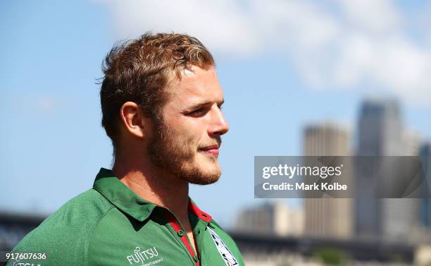 Thomas Burgess of the South Sydney Rabbitohs speaks to the media during a rugby league international double header media opportunity at Blues Point...