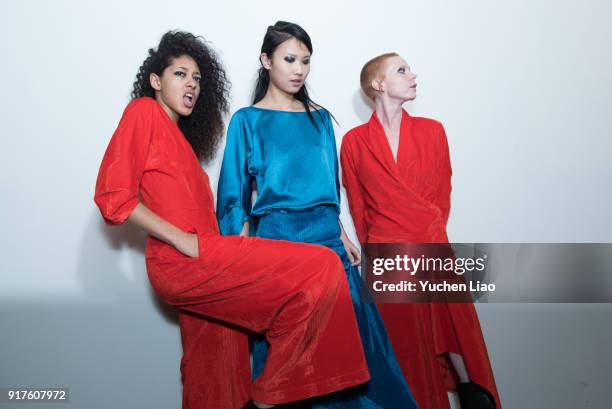 Models pose for Zero + Maria Cornejo - Presentation - February 2018 - New York Fashion Week on February 12, 2018 in New York City.