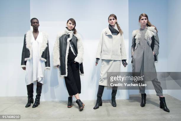 Model poese for Zero + Maria Cornejo - Presentation - February 2018 - New York Fashion Week on February 12, 2018 in New York City.