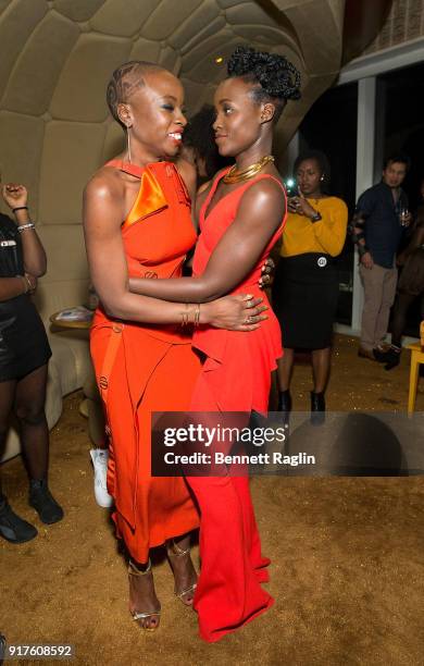 Actress Danai Gurira greets Lupita Nyong'o during the DANAI x One x Love Our Girls celebration at The Top of The Standard on February 12, 2018 in New...