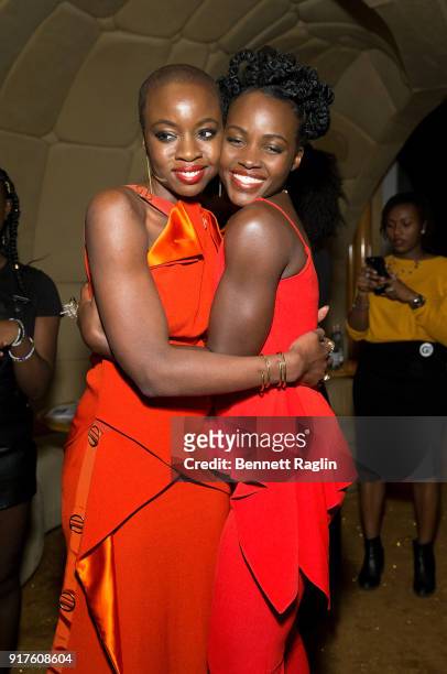 Actors Danai Gurira and Lupita Nyong'o pose for a picture during the DANAI x One x Love Our Girls celebration at The Top of The Standard on February...