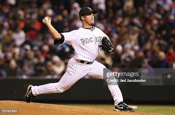 Huston Street of the Colorado Rockies throws a pitch against the Philadelphia Phillies in Game Three of the NLDS during the 2009 MLB Playoffs at...