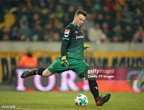 Goalkeeper Markus Schubert of Dresden controls the ball during the Second Bundesliga match between SG Dynamo Dresden and FC St. Pauli at DDV-Stadion...