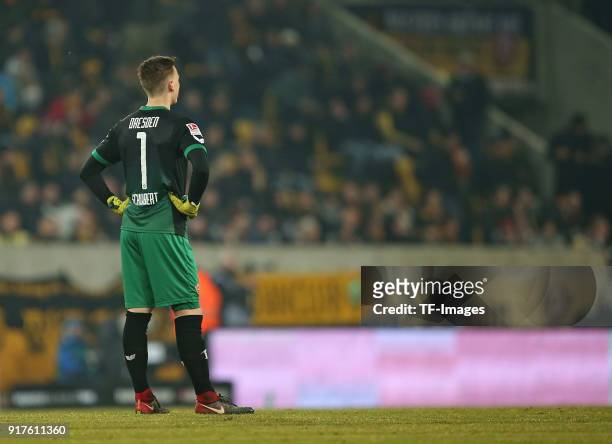 Goalkeeper Markus Schubert of Dresden looks dejected during the Second Bundesliga match between SG Dynamo Dresden and FC St. Pauli at DDV-Stadion on...