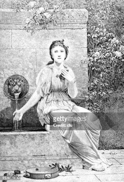 young woman sitting at a well,holding her hand in the water - 1877 stock illustrations