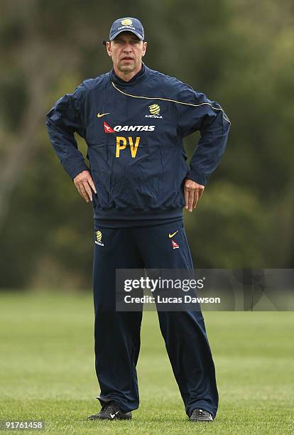 Pim Verbeek coach of the Socceroos looks at his players at an Australian Socceroos training session at Monash University on October 12, 2009 in...