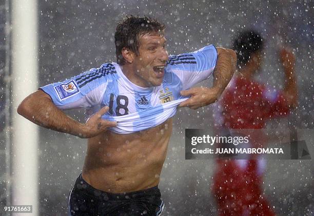 Argentina's forward Martin Palermo celebrates after scoring a goal against Peru during their FIFA World Cup South Africa-2010 qualifier football...